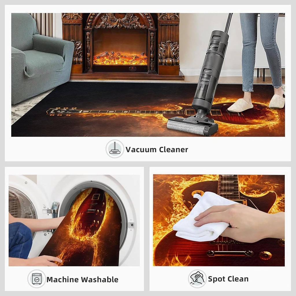 5x8 Electric Guitar Kids Rug - Flaming Guitar Dining Room Rug, Rock Art Area Rugs Indoor Modern Rugs for Bedroom Hardwood Floors Teen Room