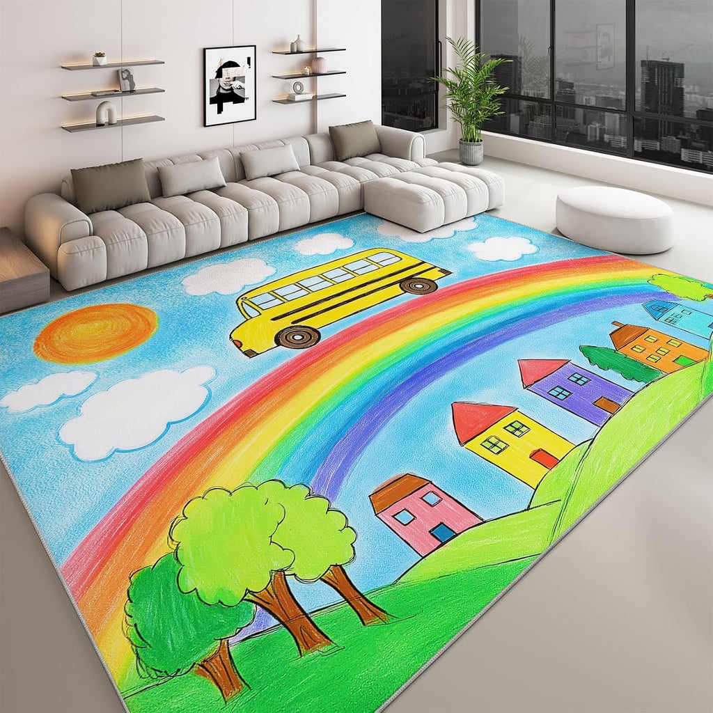 Machine Washable Area Rug 5 x 7 ft for Living Room, Cartoon Non-Slip Carpet Bedroom Rugs - Rainbow Green Trees Houses Cars Low-Pile Print Carpets for Bedroom Home Office Dining Room