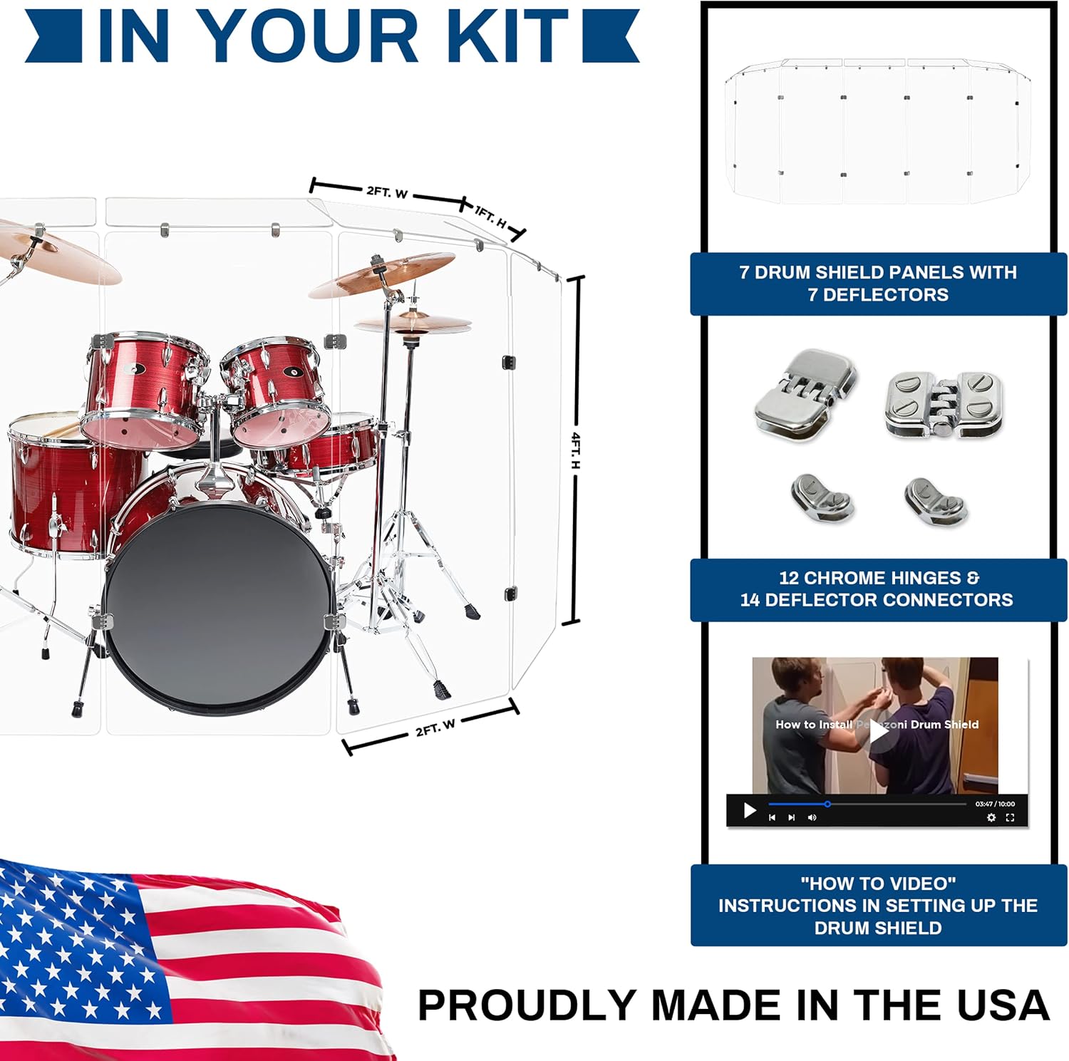 PENNZONI Drum Shield 4ft w/Deflectors & Chrome Hinges, Comes w/ 7 Drum Panels, 7 Deflectors, Chrome Hinges & Deflector Connectors, Premium Clear Acrylic Panels