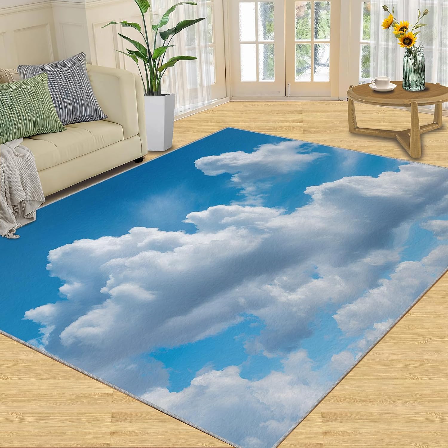 Blue Sky Rugs for Bedroom, White Clouds Rug 6x8, Natural Scenery Dining Room Rugs Washable & Non Slip Large Carpet for Home Decor