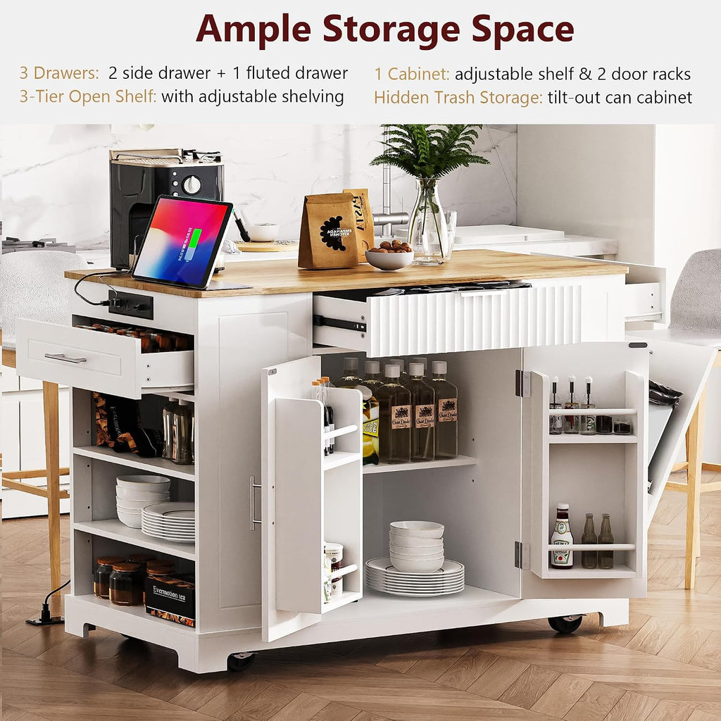 Modern Kitchen Storage Island with Trash Can Cabinet & Power Outlet, Rolling Kitchen Island Cart on Wheels with Open Side Shelves and Towel Rack, 53-Inch, White