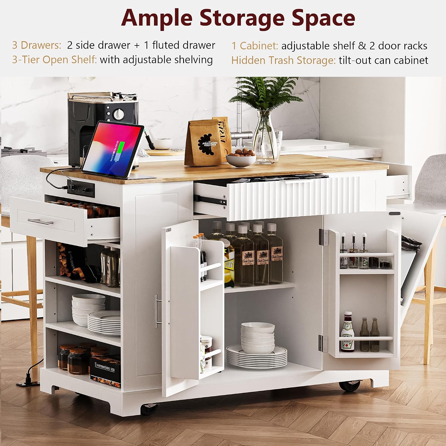 Modern Kitchen Storage Island with Trash Can Cabinet & Power Outlet, Rolling Kitchen Island Cart on Wheels with Open Side Shelves and Towel Rack, 53-Inch, White