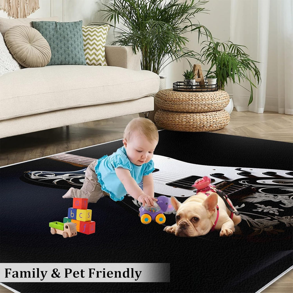 Guitar Rugs for Music Room - Music Rug, 6x8 Rug, Boys Musical Washable Rugs for Living Room Bedroom, Black Area Rug, Rock and Roll Carpet - Home Decor, Electric Guitars Gifts for Men