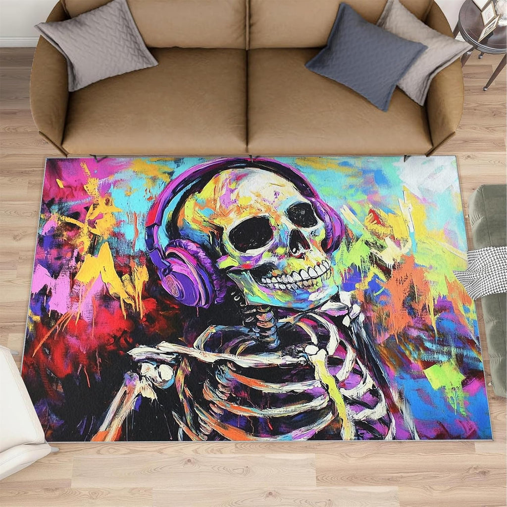 Skeleton Rugs for Bedroom - 6x8 Rug, Graffiti Area Rugs for Living Room, Gothic Skull Carpet, Halloween Carpet, Washable Mat, Skull Home Decor & Gifts