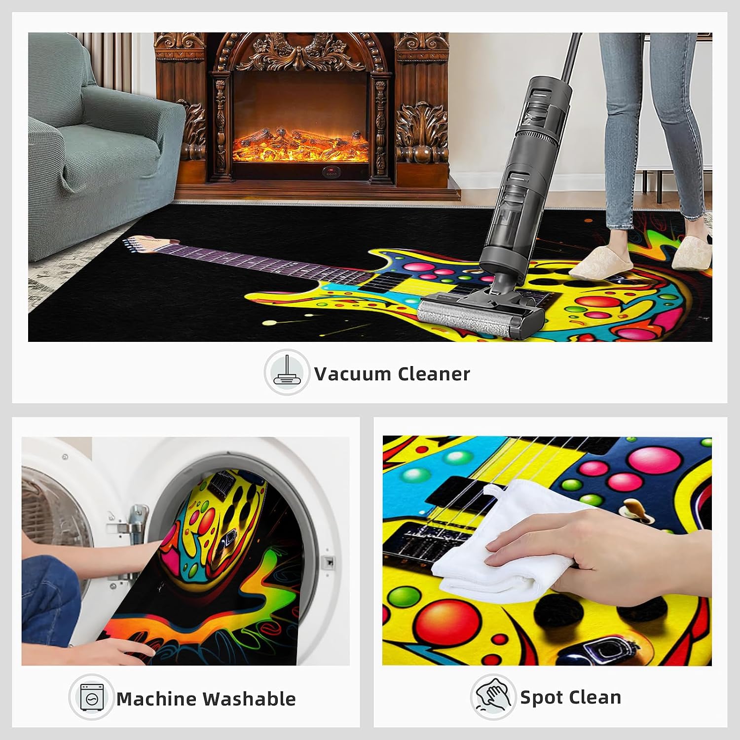 Guitar Home Decor Area Rug - Cool Guitar Bedroom Rug - Music Lover Living Room Rugs - Non-Slip Low Pile Carpet for Kids Room Band Recording Studio 6x8ft