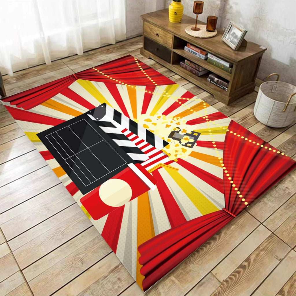 Kids Movie Night Area Rug,6x8ft, with Film Clapboard Design, Modern Bedroom Carpet for Film Fans, Retro Cinema Home Decor, Non-Slip Backing, Perfect for Teen Boys Room, Lounge, and Nursery
