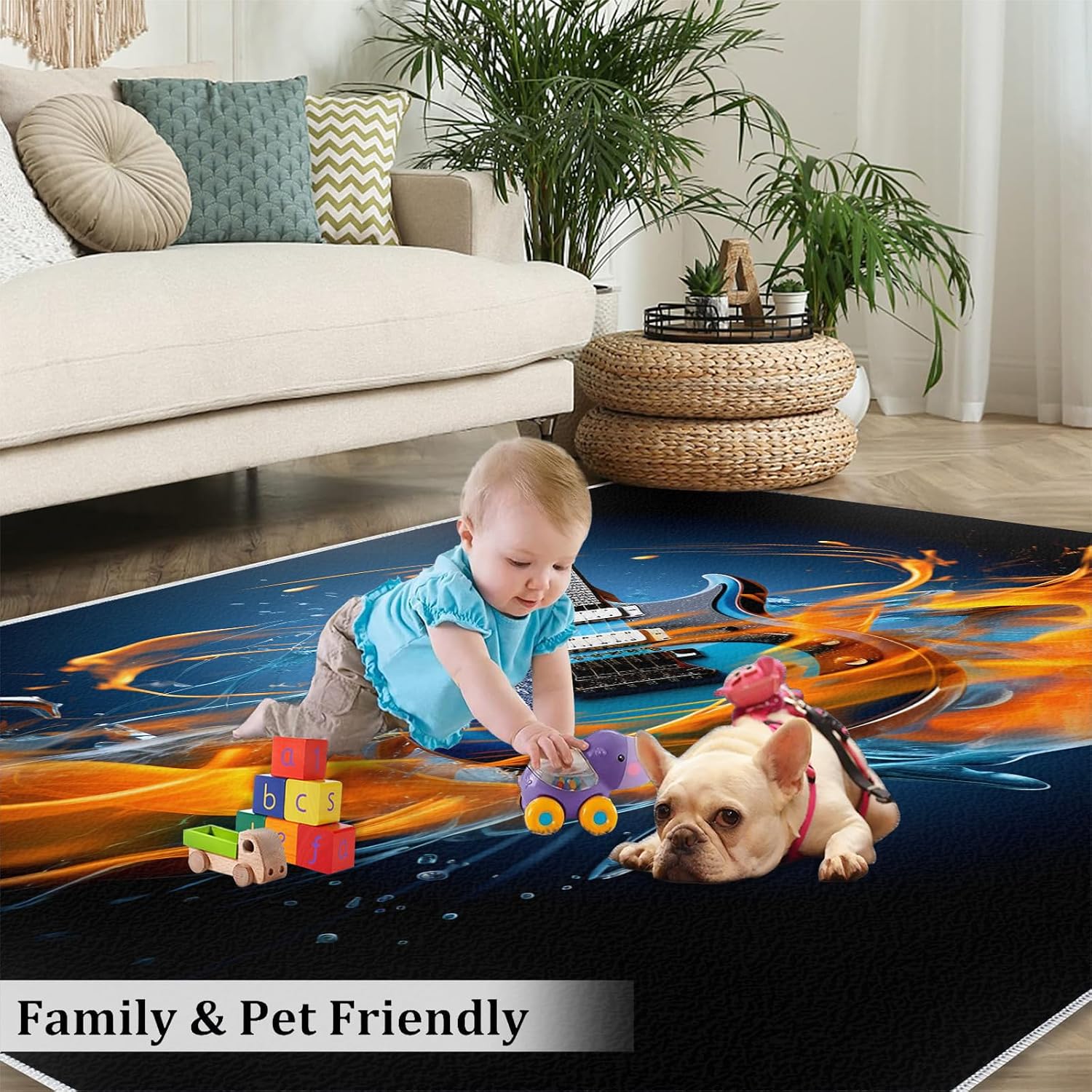 Guitar Rugs for Music Room - 5x7 Rug, Music Home Decor, Boys Musical Washable Rugs for Living Room Bedroom, Blue Area Rug, Rock and Roll Carpet, Electric Guitars Gifts for Men