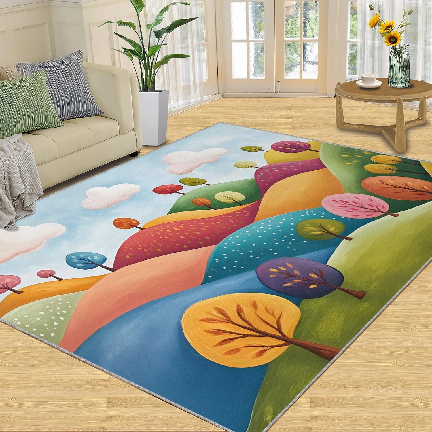 6x8 Cartoon Classroom Rugs - Fairytale Hills Playroom Rug, Childlike Fun Trees Carpet Area Rug for Girls Bedroom Kids Room Basement Office Classroom