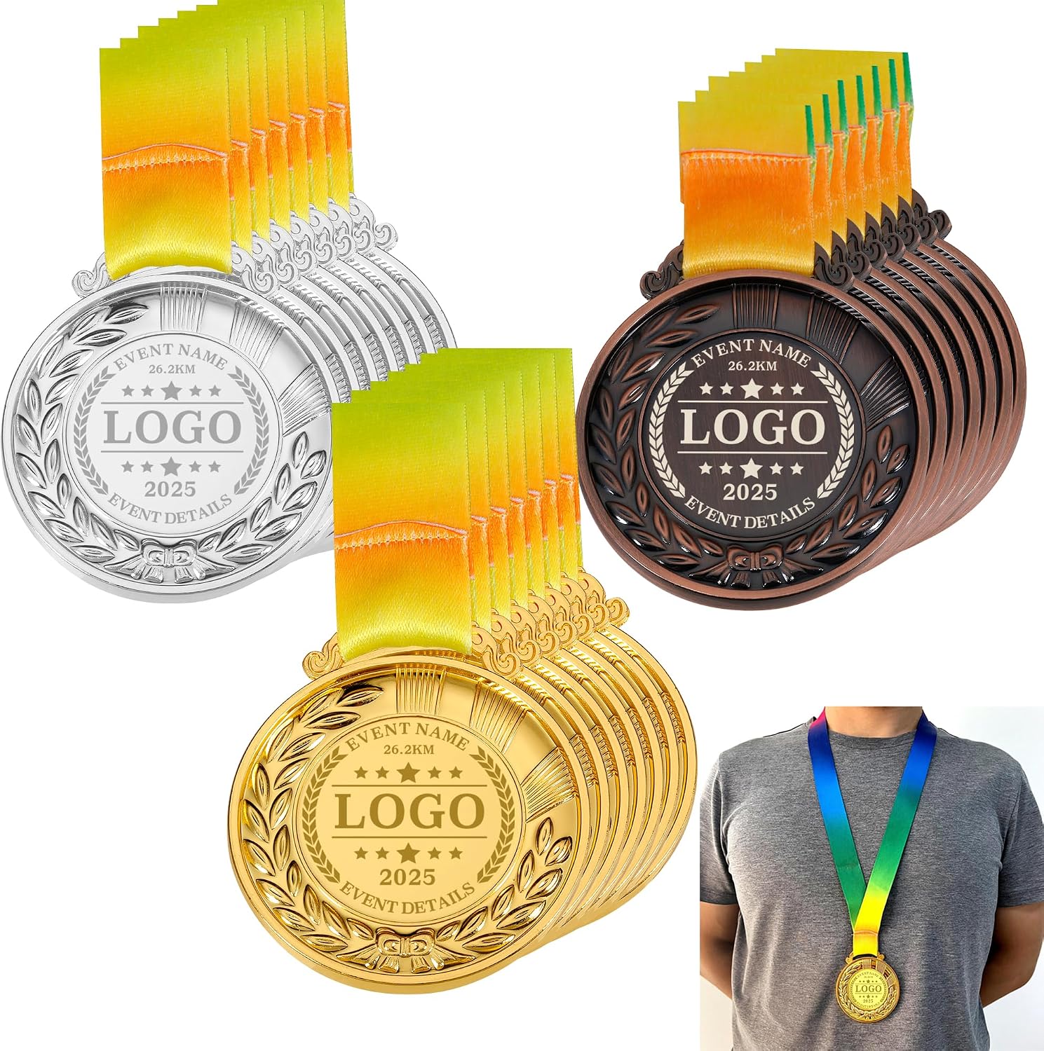 Aizza Beata 10PCS - Custom Gold Medals for Awards - Personalized Metal Award Medals with Neck Ribbon, 1st 2nd 3rd Place Medals for Adults, Kids, Students, Perfect for Competitions, Gifts, Party Favor