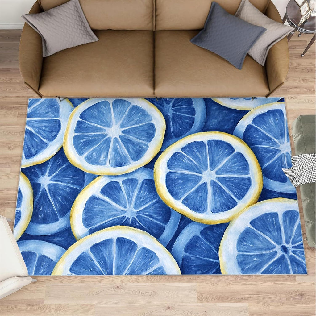 Lemon Area Rug - 6x9 Rug, Blue Lemon Rugs for Living Room, Summer Washable Rugs for Bedroom, Non Slip & Low Pile, Indoor Carpet & Home Decor