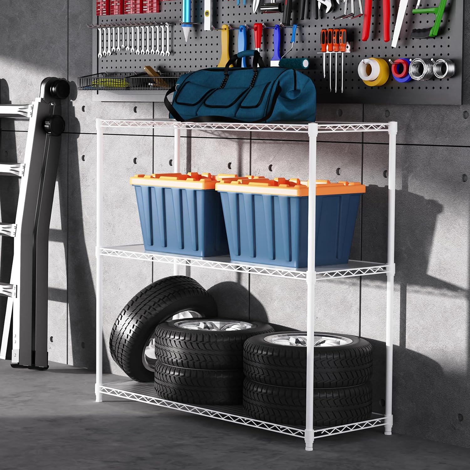 3 Tier NSF Wire Shelf Shelving Unit, 18 x 48 x 48 Inch 1050lbs Capacity Heavy Duty Adjustable Storage Metal Rack with Leveling Feet & Shelf Liners, Ideal for Garage, Kitchen, Office and More - White