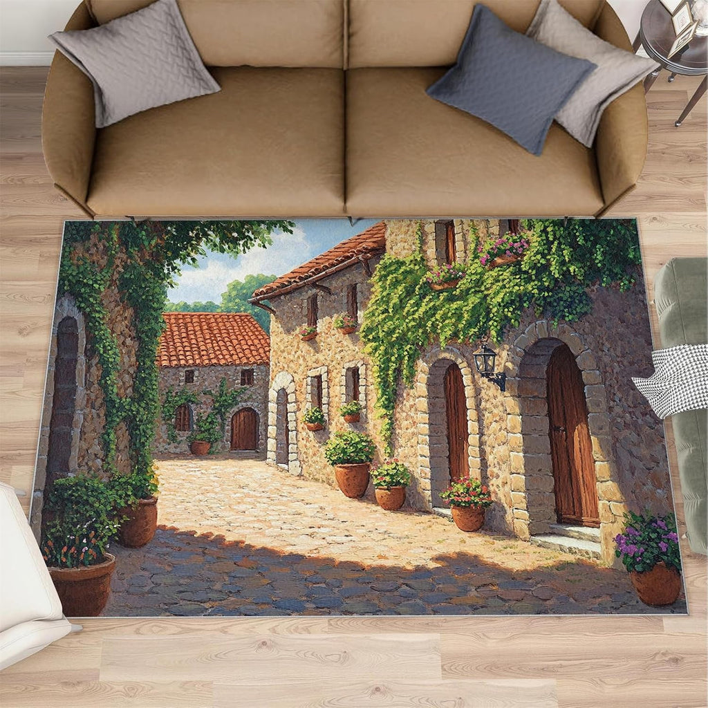 Tuscany Italy Rug 6x8-6x8 Rug, Italy Stone Path Area Rugs for Living Room Bedroom, Green Plants Area Rugs, Old Town Washable Carpet, Italian Street Carpet, Landscape Home Decor