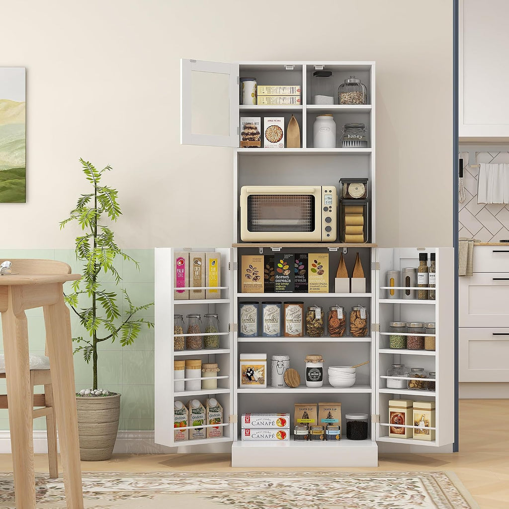 66' Adjustable-Shelf Freestanding Storage Cabinet, Kitchen Storage Bakers Rack with Microwave Stand, Utility Food Cupboard with Anti-tip Design for Kitchen Dining Areas, White
