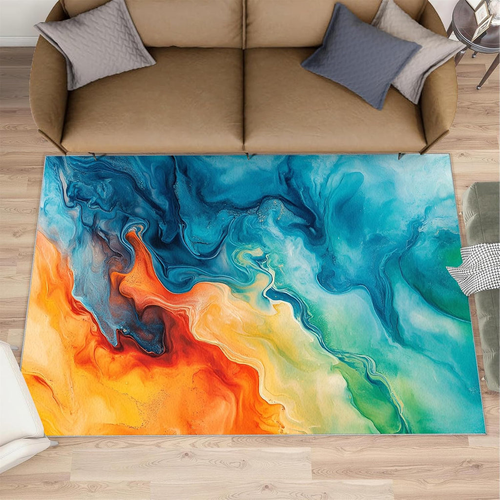 Colorful Marble Rug Large - 6x8 Rug, Green Orange Fluid Washable Rugs for Living Room, Abstract Carpet, Contemporary Non-Slip Area Rugs for Bedroom, Modern Carpet, Marble Home Decor