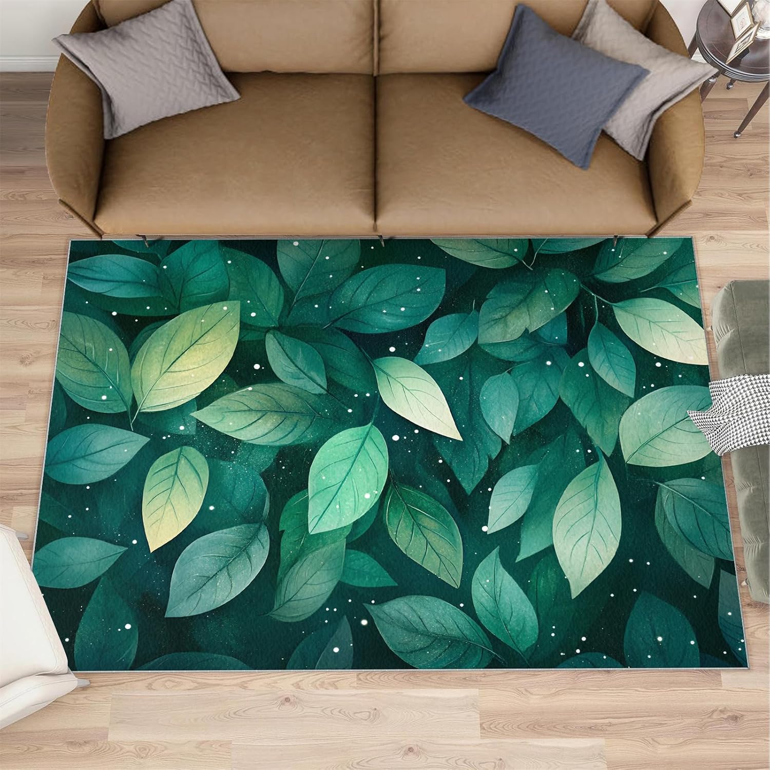 Green Leaves Rug 6x8-6x8 Rug, Modern Area Rugs for Living Room Bedroom, Green Botanical Area Rugs, Watercolor Plant Washable Carpet, Botanical Carpet, Leaves Home Decor & Gifts