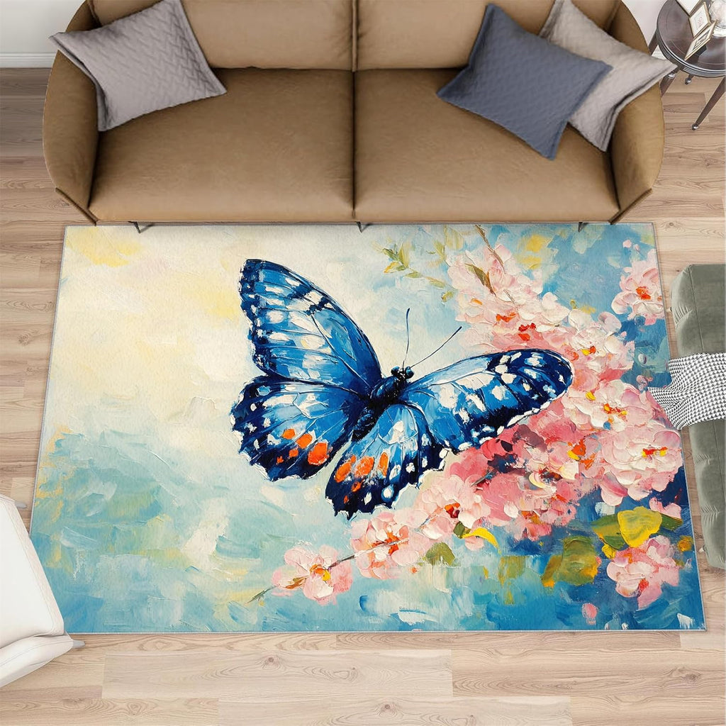 Blue Butterfly Rug 6x8 - Florals Oil Painting Large Rugs for Living Room, Flowers Carpet Area Rug for Girls Bedroom Kids Room Basement Office Classroom