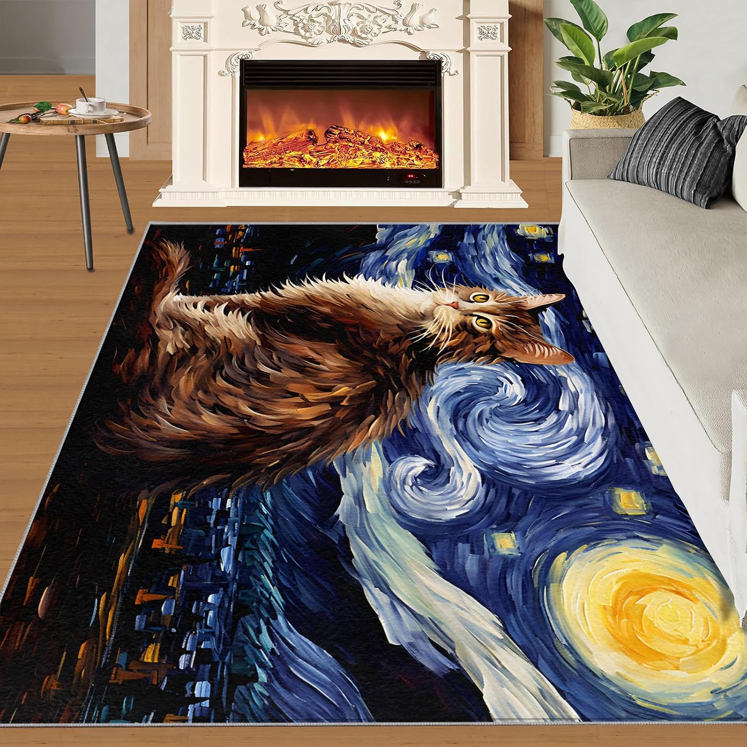6x8 Area Rug - Starry Sky Norwegian Forest Cat Large Rugs for Living Room, Post-Impressionist Art Painting Carpet Area Rug for Girls Bedroom Kids Room Basement Office Classroom