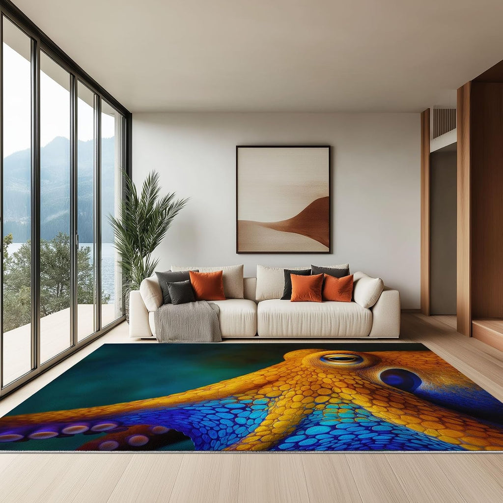 Nature Photography Washable Living Room Rugs, 6' x 8' Area Rugs for Bedroom ‎‎‎‎Nursery Soft Non-Slip Stain Resistant Marine Animals Polka Dot Octopus Print Throw Carpet for Kids Playroom Office