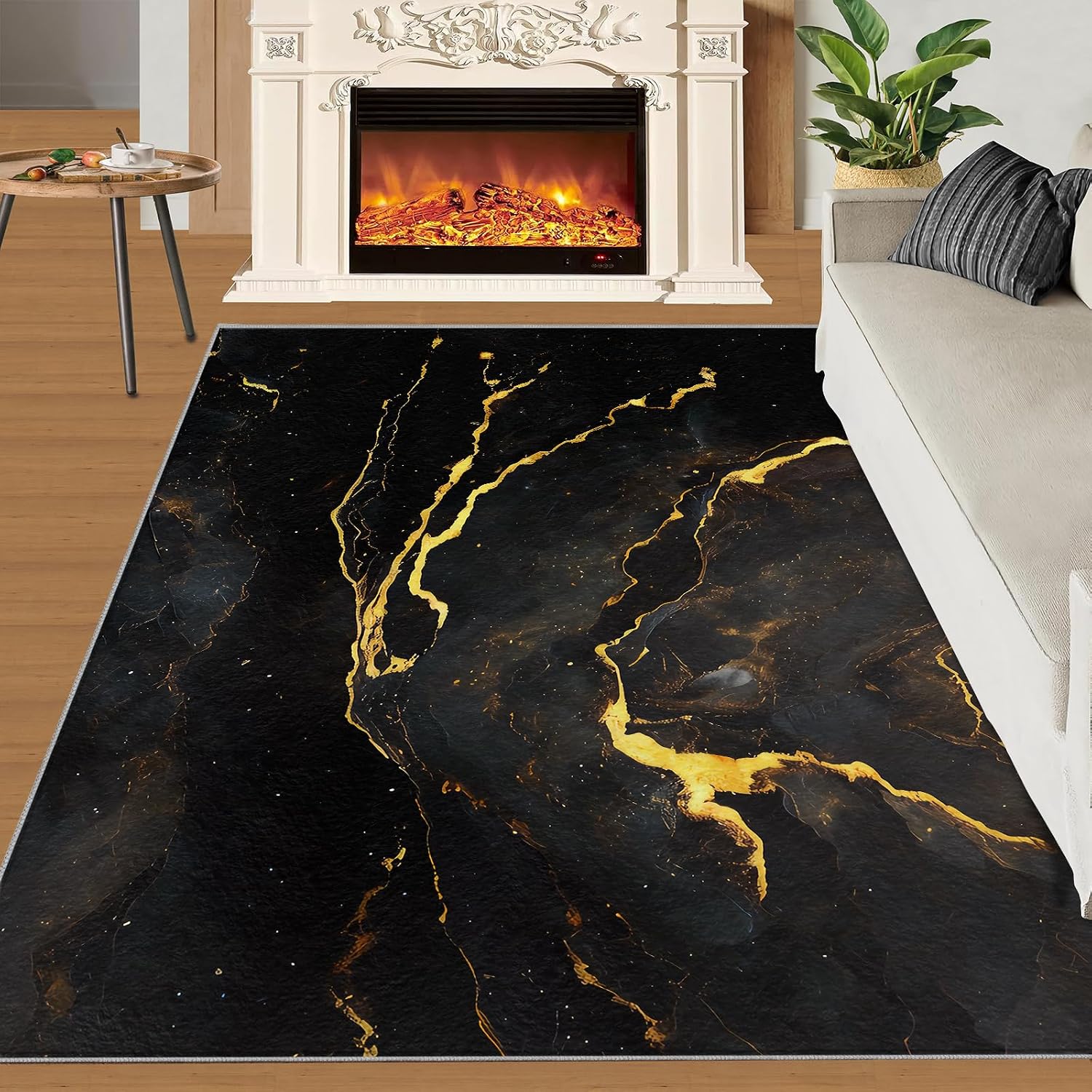 Black Marble Area Rug, Modern Abstract Fashion Gold Rugs for Living Room, Easy Clean Carpet Washable Indoor Non-Slip Rug for Boys and Girls Nursery Bed Living Room Carpets Nursery Decor,6 x 8ft