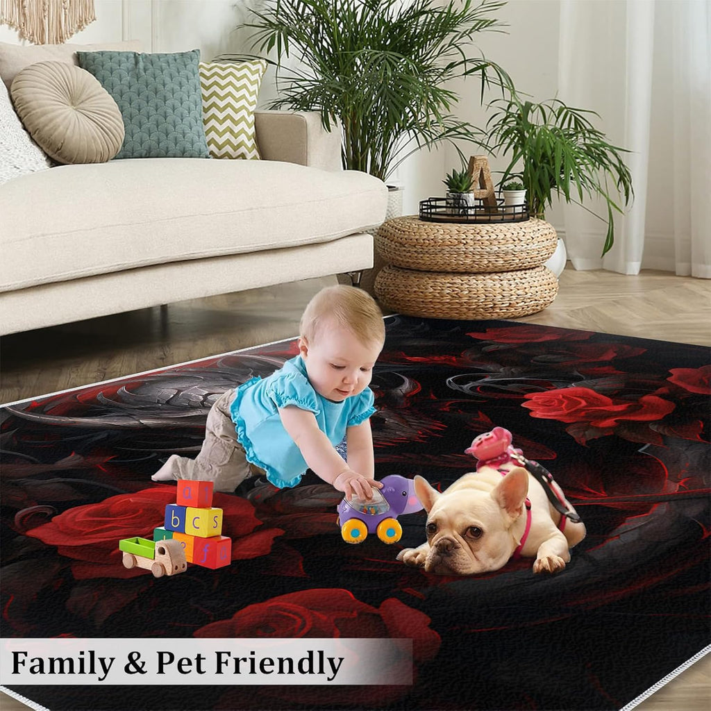 Red Rose Rug for Kids Room - 6x8 Large Rug, Giant Dragon Rugs for Bedroom Black and Red Dragon Flower Area Rugs for Living Room Home Decor Washable Rug