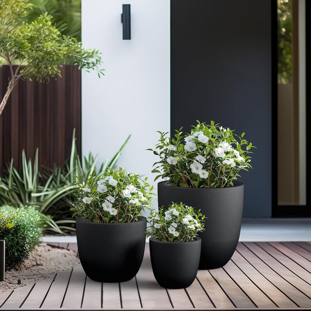 Kante 18',14',10' Dia Concrete Round Planters (Set of 3), Outdoor Indoor Large Planter Pots with Drainage Hole and Rubber Plug for Home Patio Garden, Black