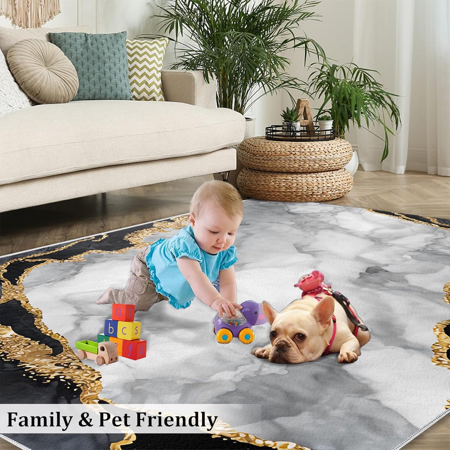Nordic Luxury Black Gold White Area Rug, Abstract Marble Rugs for Living Room, Indoor Non-Slip Kids Rugs, Machine Washable Breathable Durable Carpet for Front Entrance Floor Decor,6 x 8ft