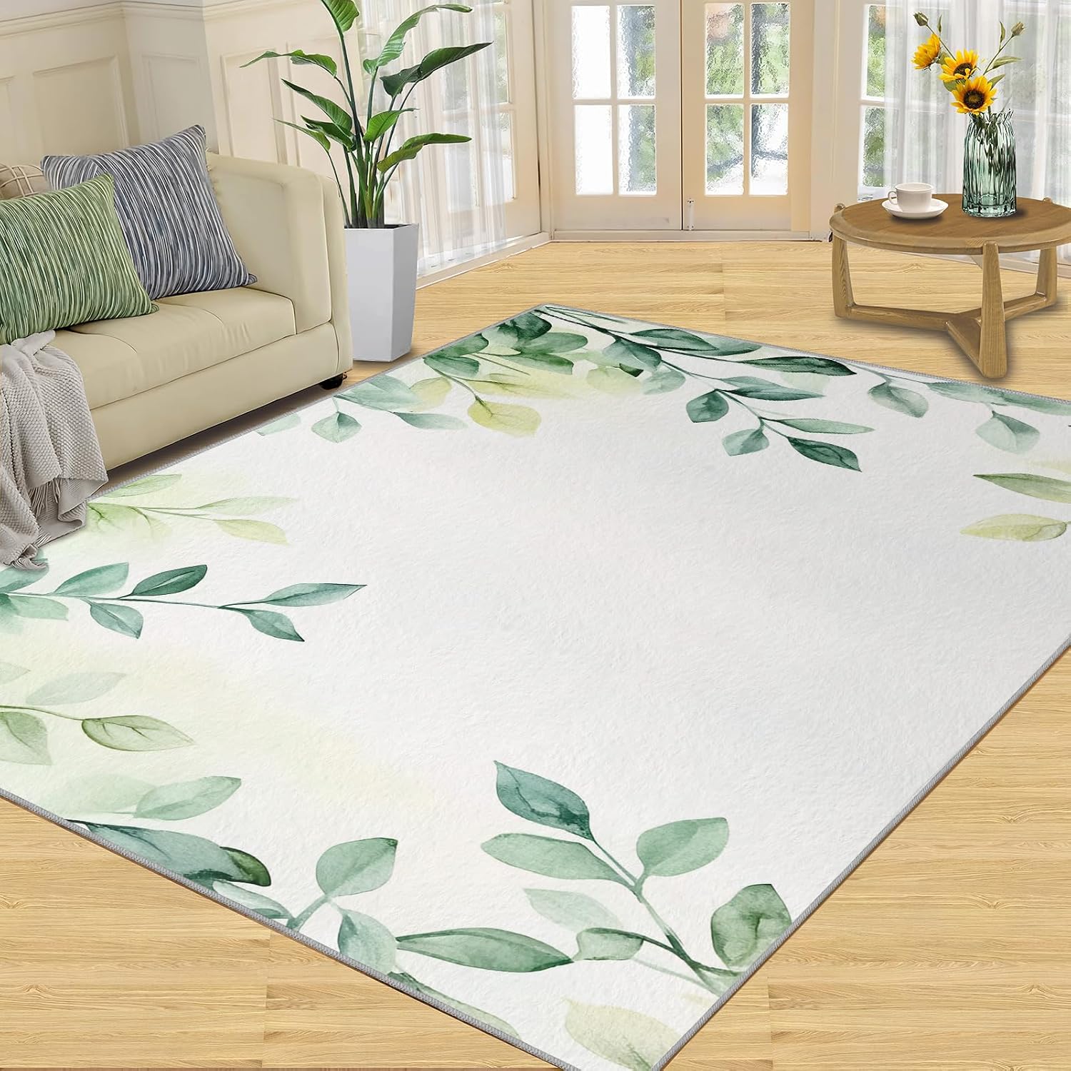 Botanical Rugs for Bedroom, Leaves Rug 6x8, Vines Dining Room Rugs Washable & Non Slip Large Carpet for Home Decor
