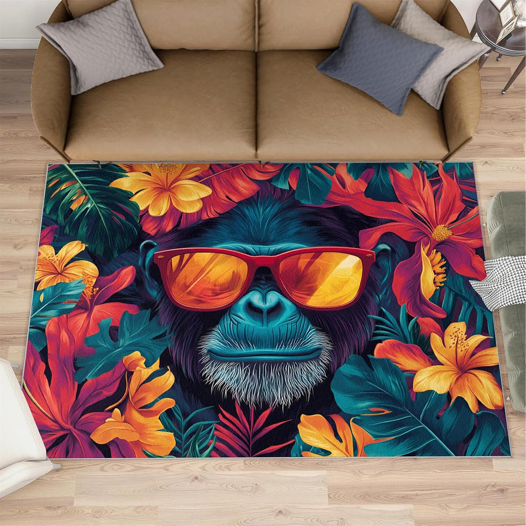 6x8 Chimp Area Rug - Chimpanzee Large Rugs for Living Room, Tropical Foliage Gorilla Carpet Area Rug for Girls Bedroom Kids Room Basement Office Classroom