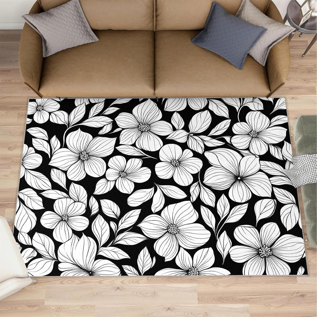 Florals Rugs for Bedroom, Abstract Flowers Rug 6x8, Rural Flowers Dining Room Rugs Washable & Non Slip Large Carpet for Home Decor
