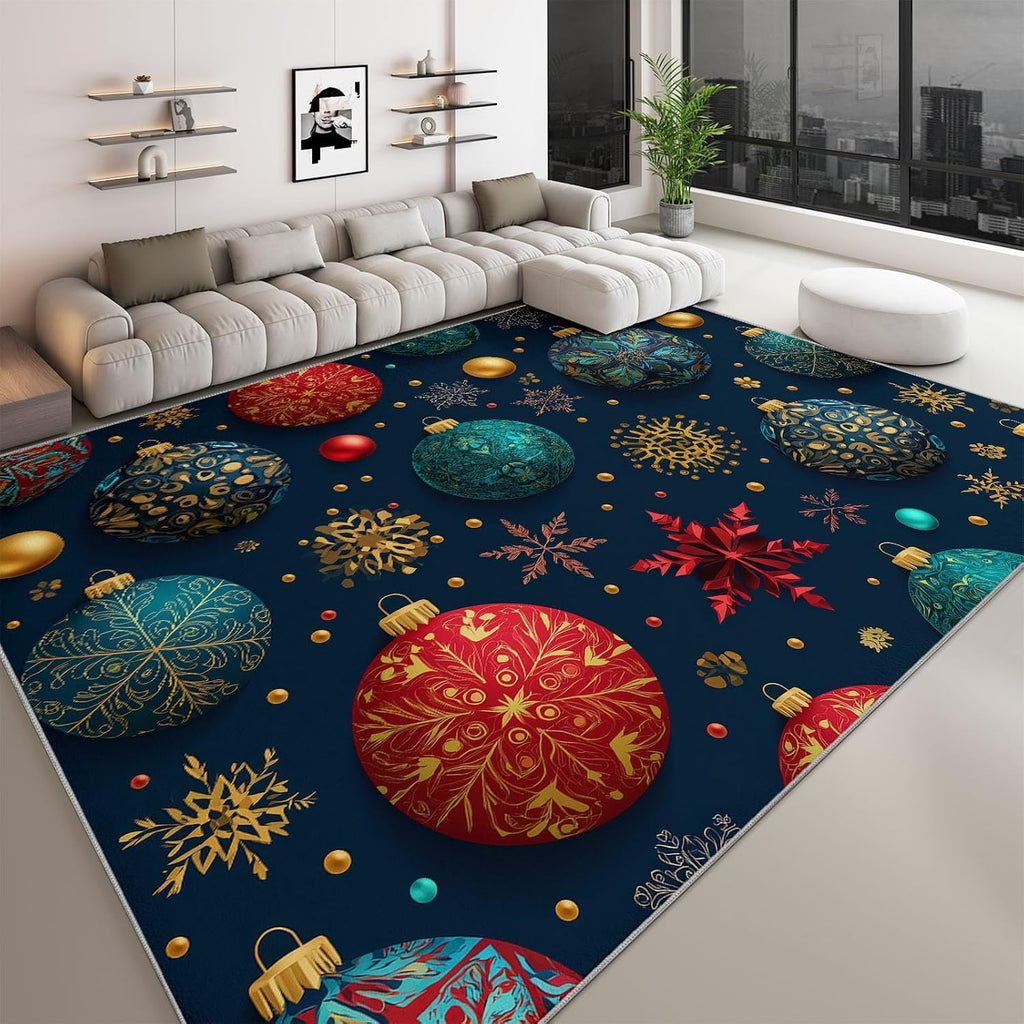 Christmas Snowflakes Lights Balls Print Area Rug 5 x 7 ft Washable, Dark Blue Non-Slip Floor Mat - Soft Low-Plie Faux Wool Carpet for Bedroom Living Room Kitchen Entryway Pet Friendly Rug