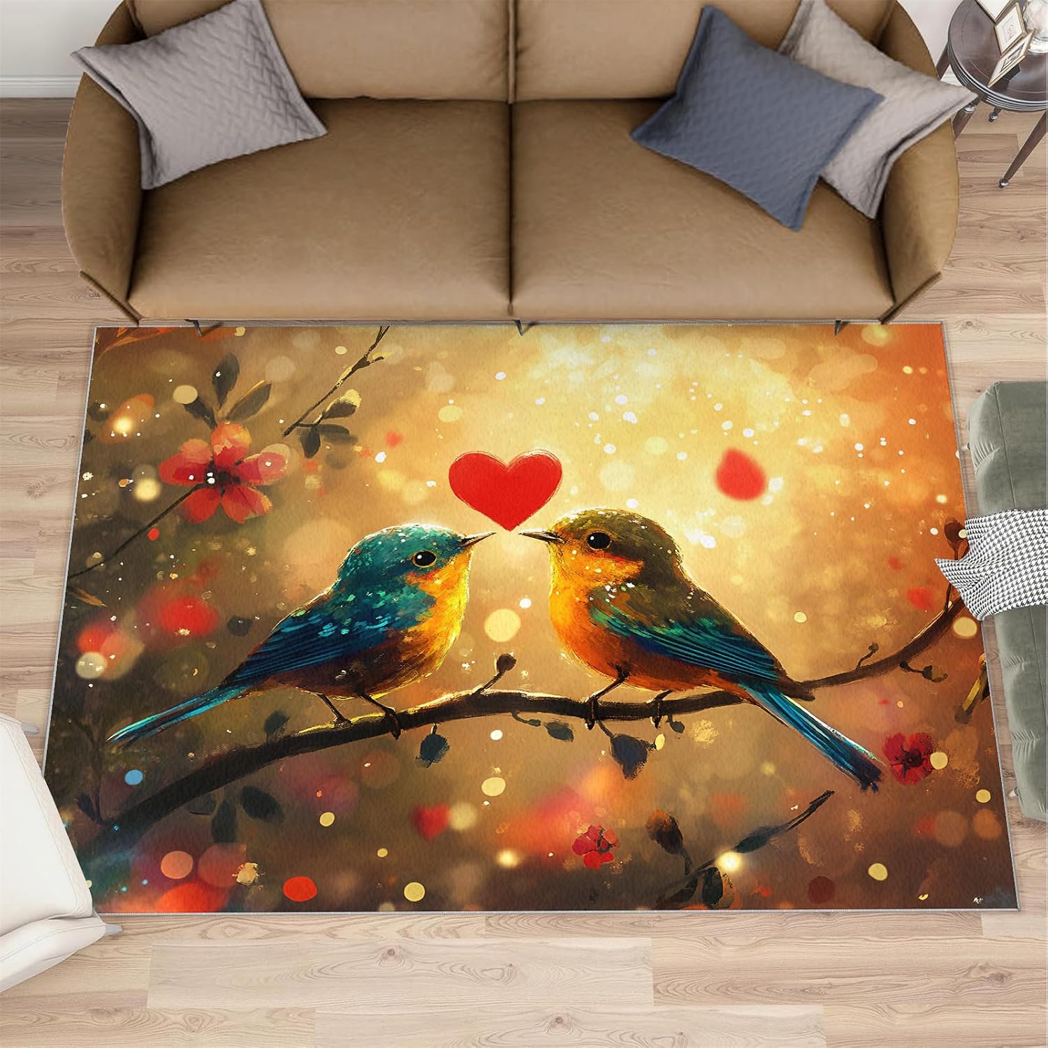 6x8 Birds Area Rug - Romantic Birds Large Rugs for Living Room, Hearts Carpet Area Rug for Girls Bedroom Kids Room Basement Office Classroom