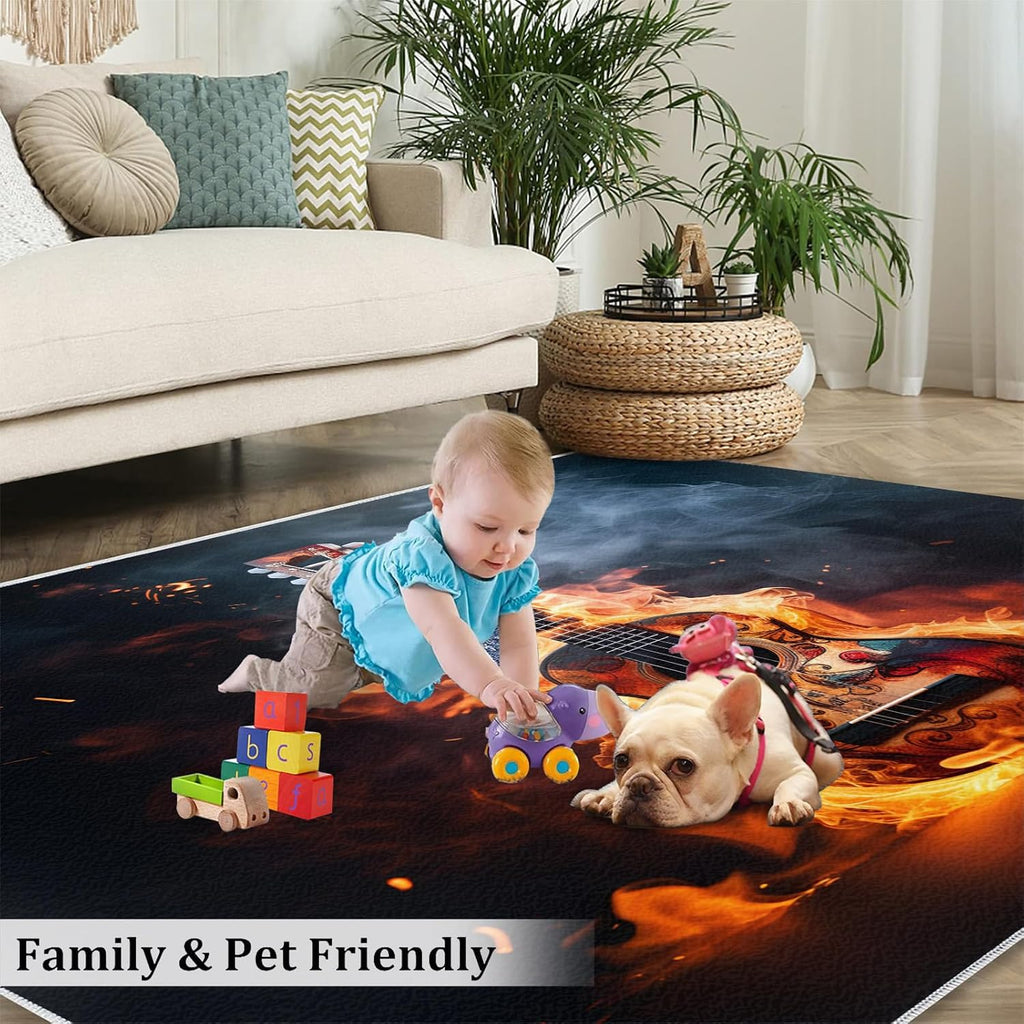 Flame Electric Guitar Music Area Rug 4.6x6.6 Rugs for Living Room Bedroom, Vintage Guitar Kids Rugs, Dark Copy Space Throw Rugs for Entryway Indoor Front Door Mat Non Slip Bedside Rug