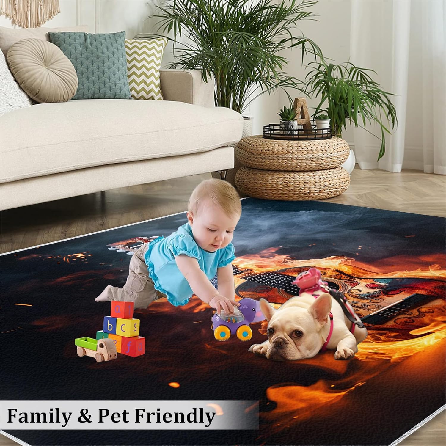 Flame Electric Guitar Music Area Rug 4.6x6.6 Rugs for Living Room Bedroom, Vintage Guitar Kids Rugs, Dark Copy Space Throw Rugs for Entryway Indoor Front Door Mat Non Slip Bedside Rug