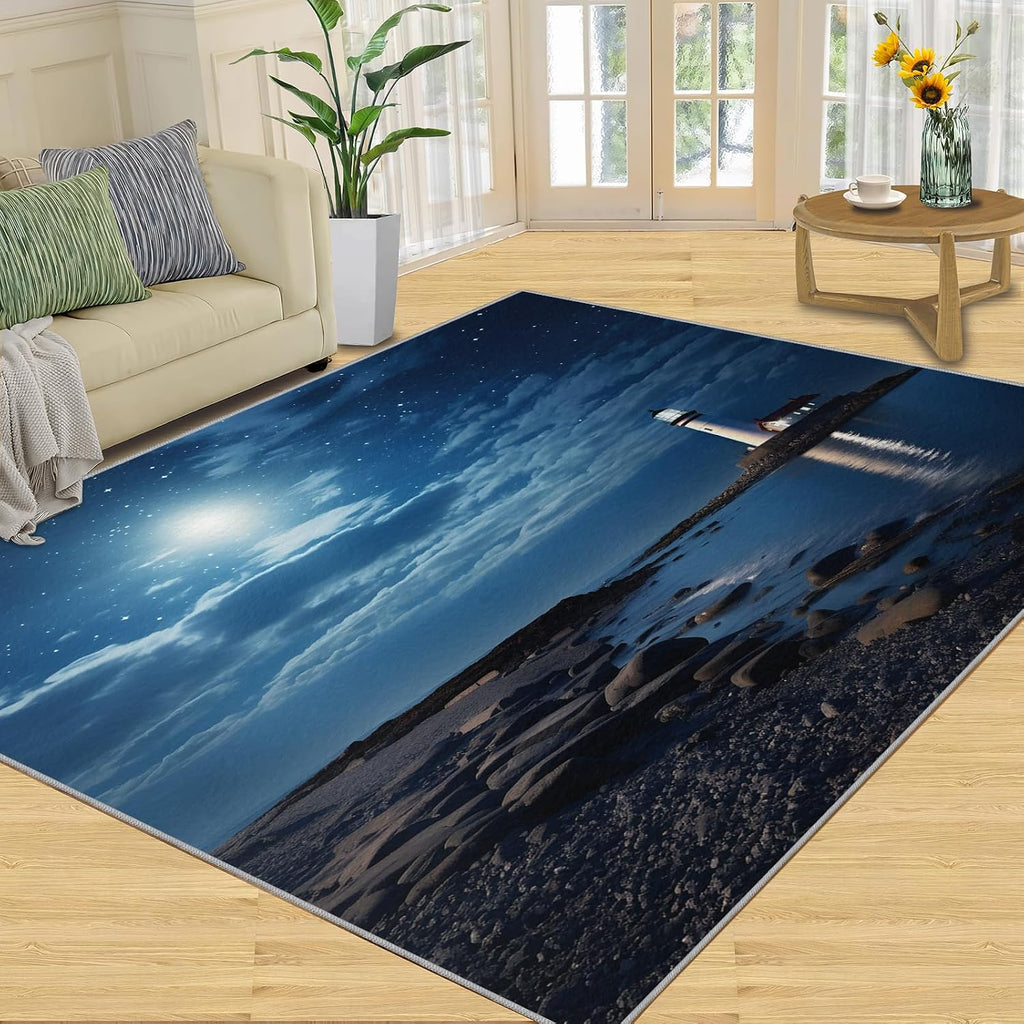 6x8 Rug Blue Shining Starry Sky Area Rugs, Seaside Night Scene Easy Clean Rug, Soft Non-Skid Carpet Throw Rugs for Kids Teen Girls Boys Bedroom, Living Room Bathroom Classroom Office
