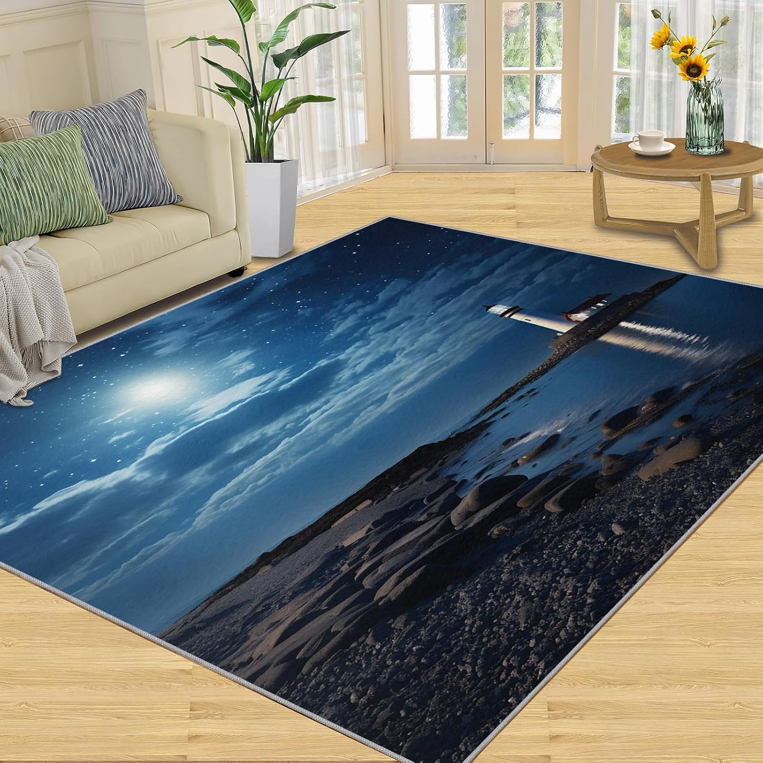 6x8 Rug Blue Shining Starry Sky Area Rugs, Seaside Night Scene Easy Clean Rug, Soft Non-Skid Carpet Throw Rugs for Kids Teen Girls Boys Bedroom, Living Room Bathroom Classroom Office