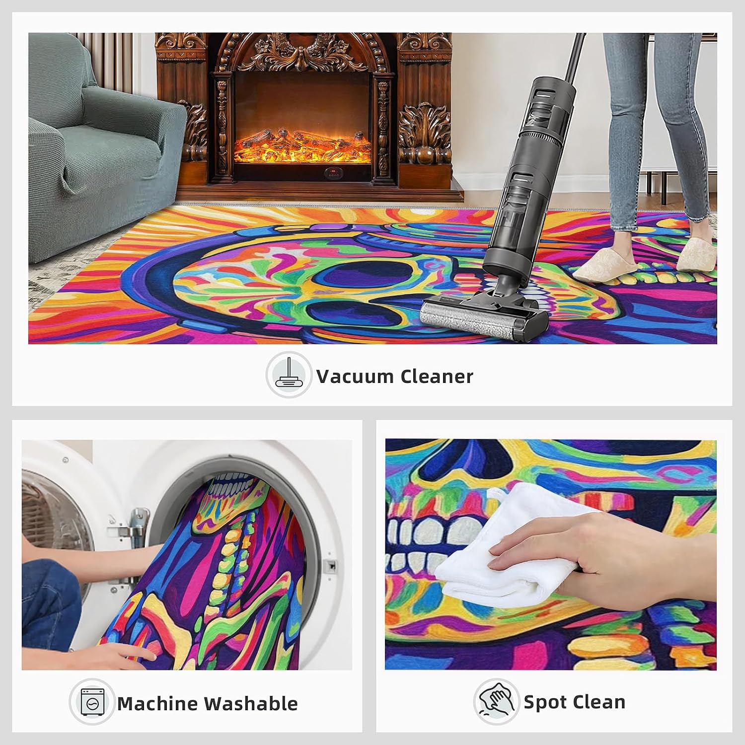 Headphone Skull Rug 6x8 - Pop Art Large Rugs for Living Room, Colorful Skeleton Carpet Area Rug for Girls Bedroom Kids Room Basement Office Classroom