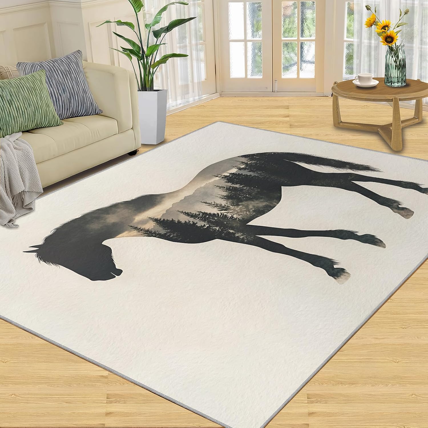Horse Rugs for Bedroom, Black Horse Forest Rug 6x8, Animal Silhouette Dining Room Rugs Washable & Non Slip Large Carpet for Home Decor