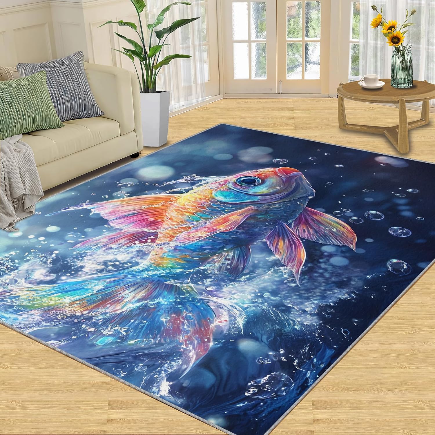 Fish Rugs for Bedroom, Goldfish Rug 6x8, Aquatic Animals Dining Room Rugs Washable & Non Slip Large Carpet for Home Decor