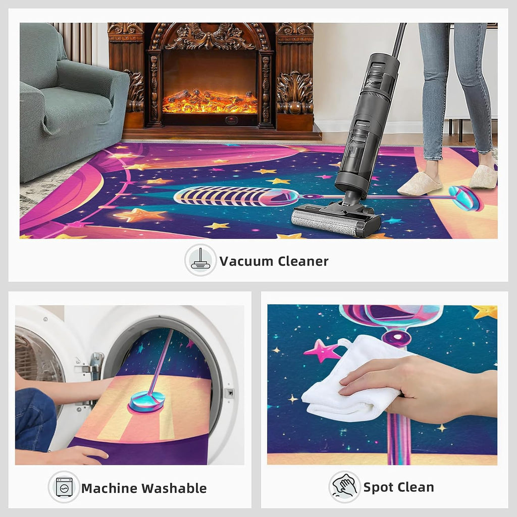 Microphone Rug for Bedroom 6x8 Rug Cartoon Music Rugs, Music Lover Home Decor, Non Slip Washable Large Rugs, Musical Instrument Carpet for Boys and Girls Teen Playroom