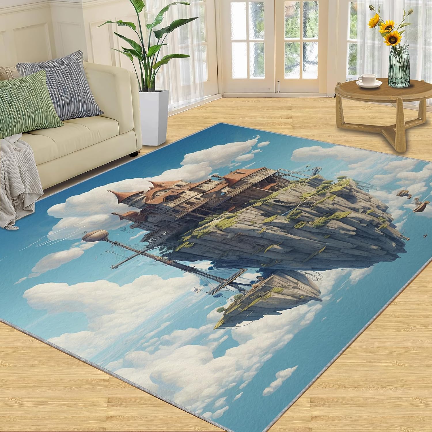 6x8 Rug Sky Moving Castle Area Rugs, Floating Islands Soft Washable Carpet, Upholstery Rug with Non-Slip Backing for Kids Boys Girls Bedroom Living Room Dining Room Study