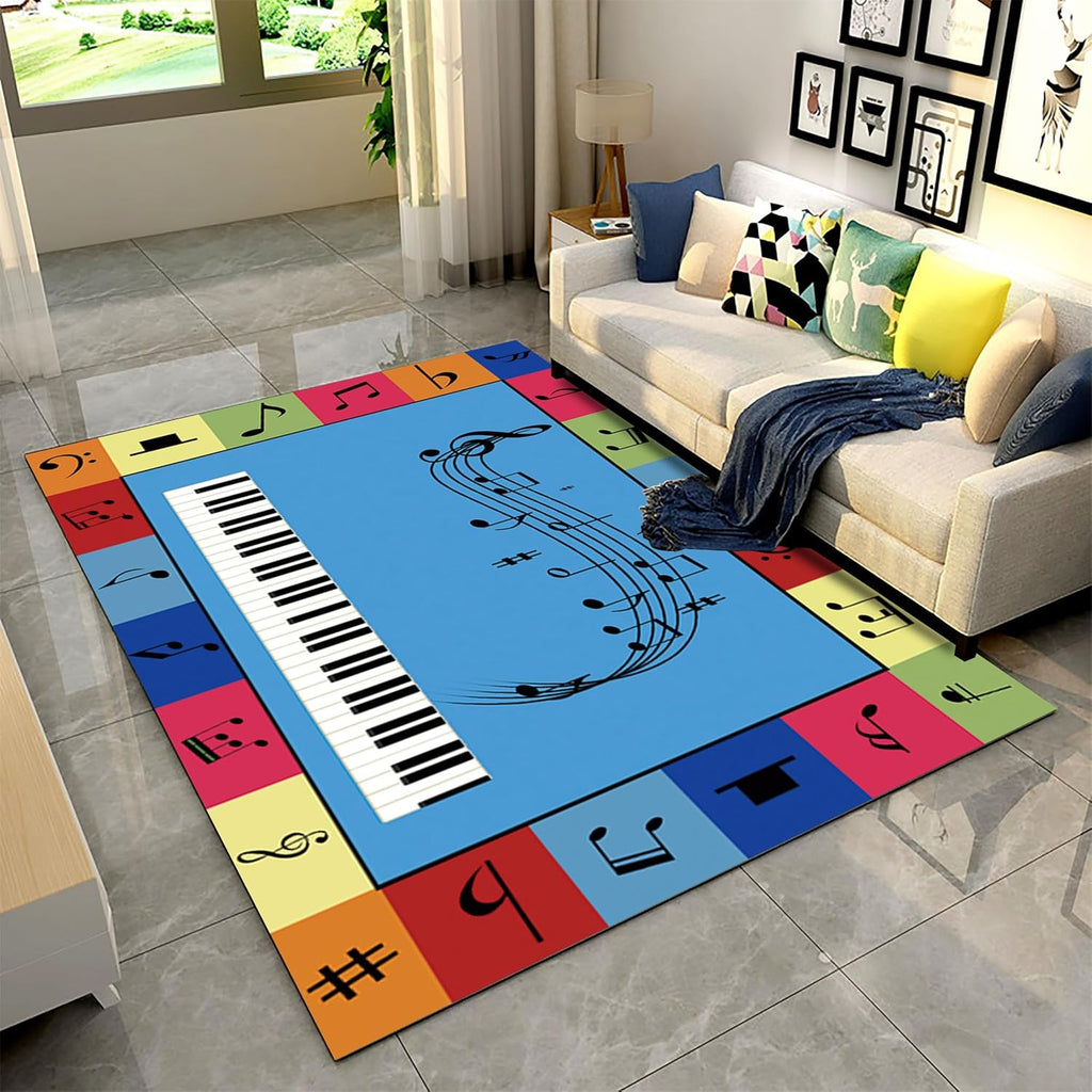 Kids Piano Learning Rug 5x8ft - Colorful Keyboard & Notes Washable Rug, Non-Slip Educational Mat for Kindergarten/Home/School - Music Education Floor Carpet
