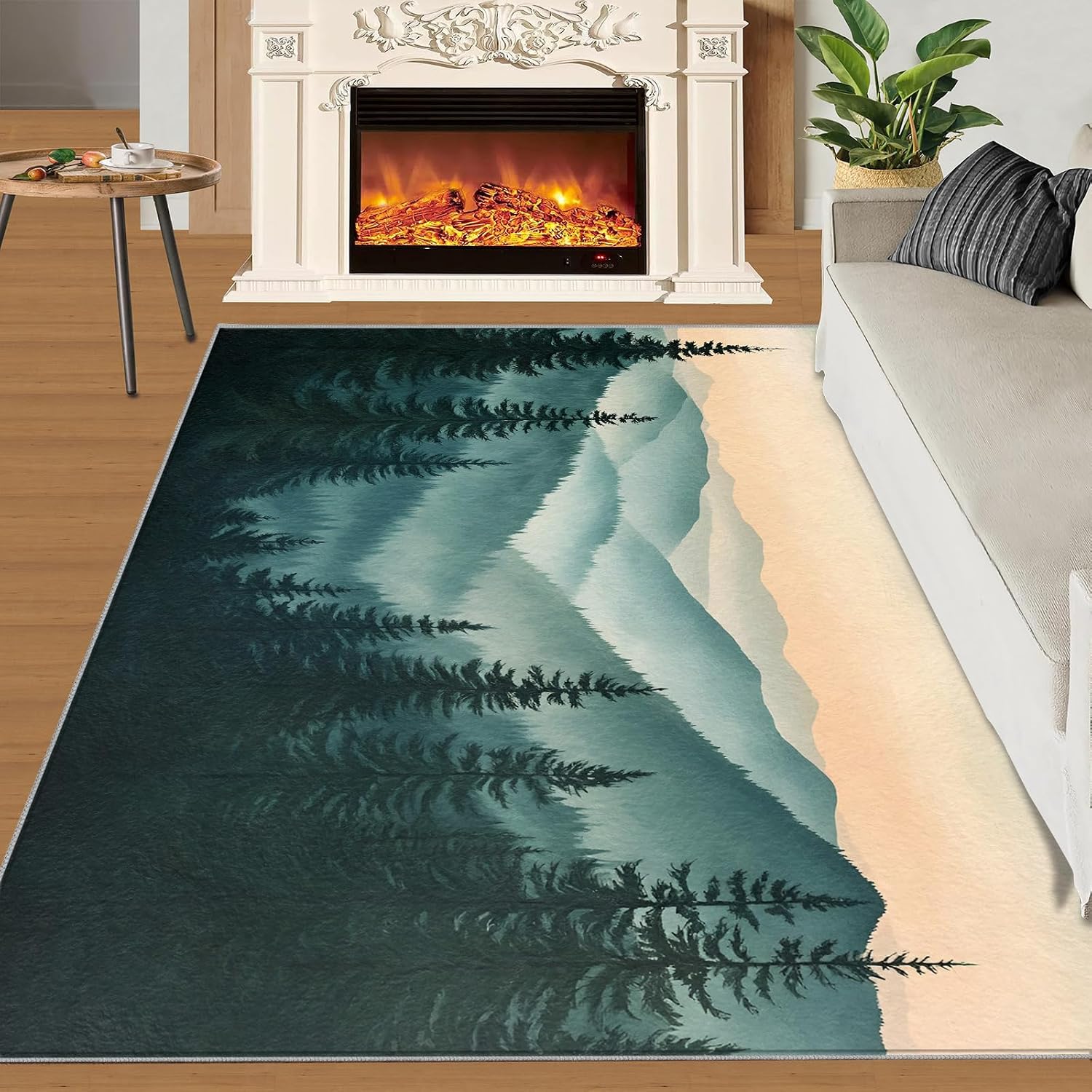 Misty Forest Rugs for Bedroom - 6x8 Rug, Forest Mountain Area Rugs for Living Room, Natural Scenery Carpet, Woodland Washable Mat, Landscape Home Decor & Gifts