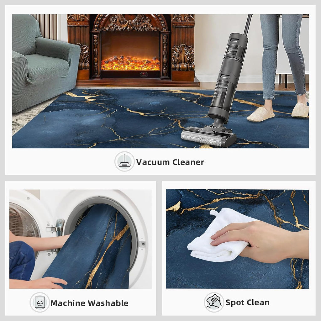 Blue Marble Area Rug 6x8, Marble Rugs for Living Room, Golden Cracks Bedroom Rug, Machine Washable Rugs for Sofa Kitchen Dining, Non-Slip Home Decor Carpet