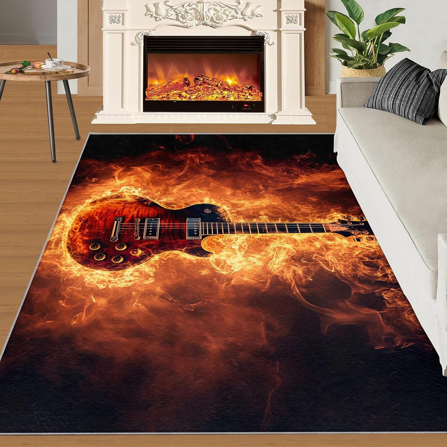 Flame Guitar Rug - Rug 5x7 - Electric Guitar Rugs for Living Room - Soft & Non Slip & Washable Rugs for Bedroom, Instrument Carpets for Dining Room Lounge Girls Room