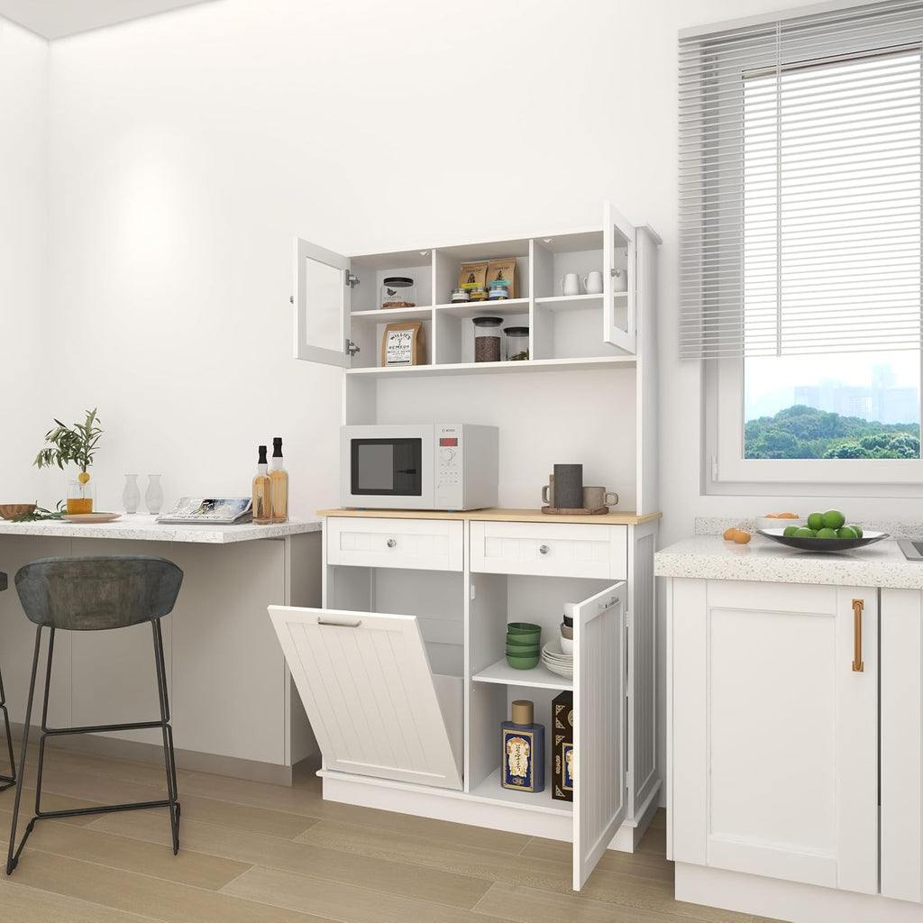 68' 3-Adjustable-Shelf Freestanding Storage Cabinet, Kitchen Storage Bakers Rack with Trash Cabinet, Utility Food Cupboard for Home, White