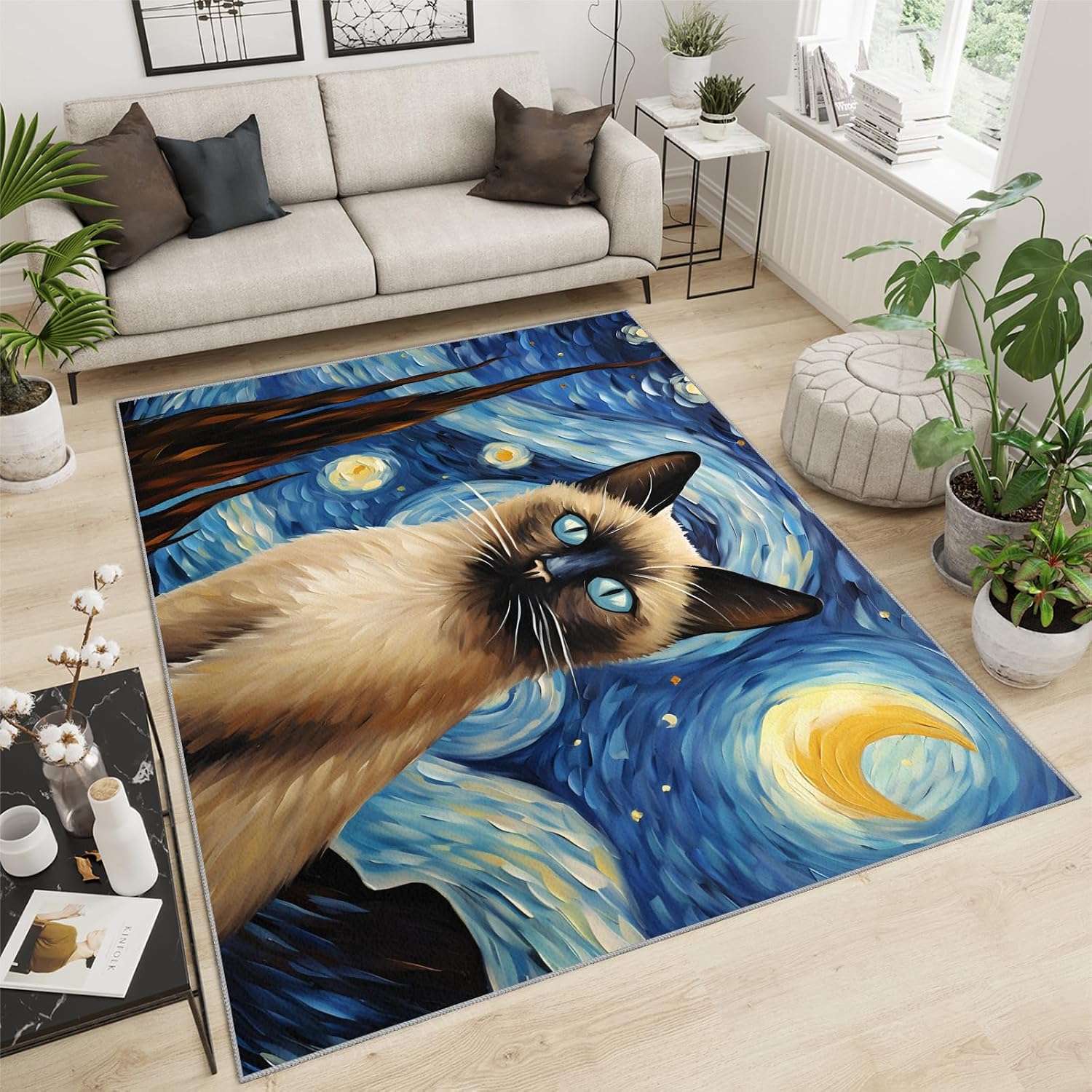 6x8 Area Rug - Starry Sky Siamese Cat Large Rugs for Living Room, Post-Impressionist Art Painting Carpet Area Rug for Girls Bedroom Kids Room Basement Office Classroom