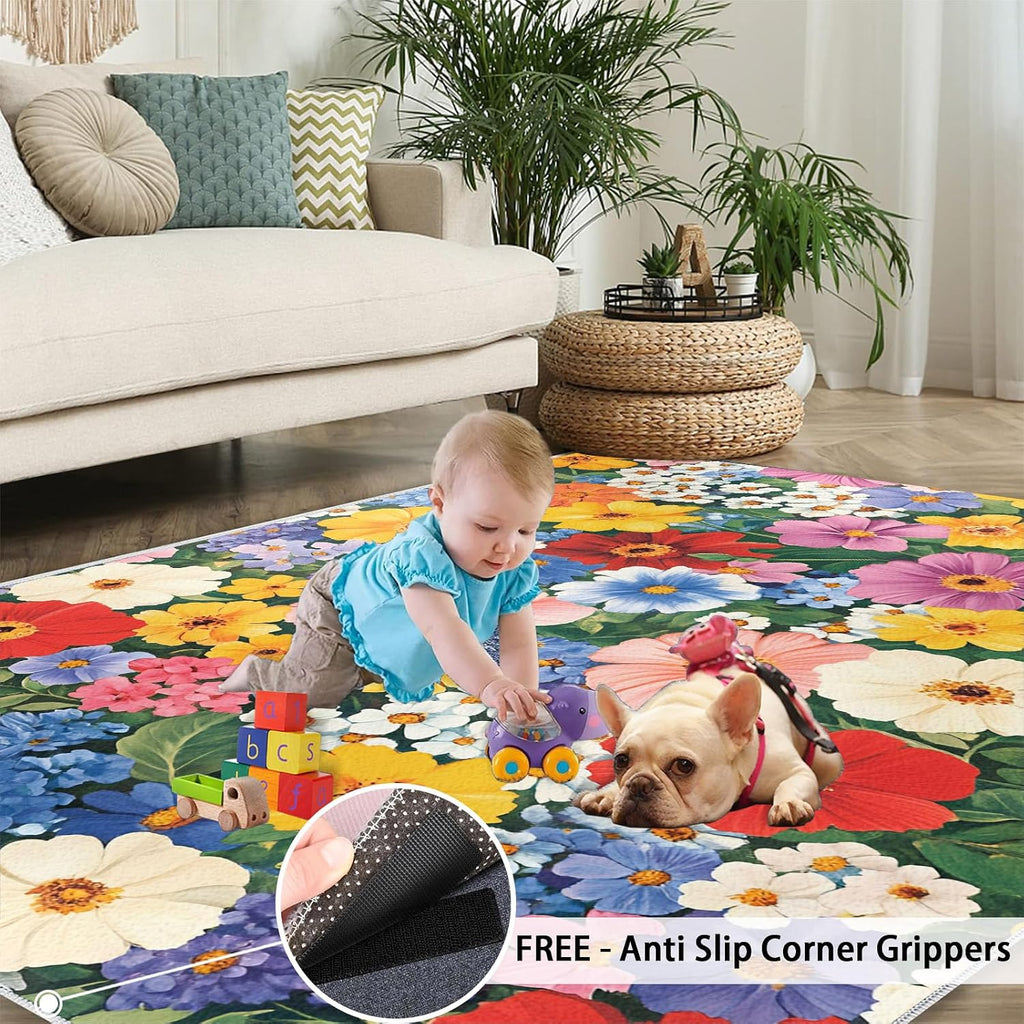 Colorful Florals Rug 6x8 - Dense Florals Large Rugs for Living Room, Vibrant Flowers Carpet Area Rug for Girls Bedroom Kids Room Basement Office Classroom