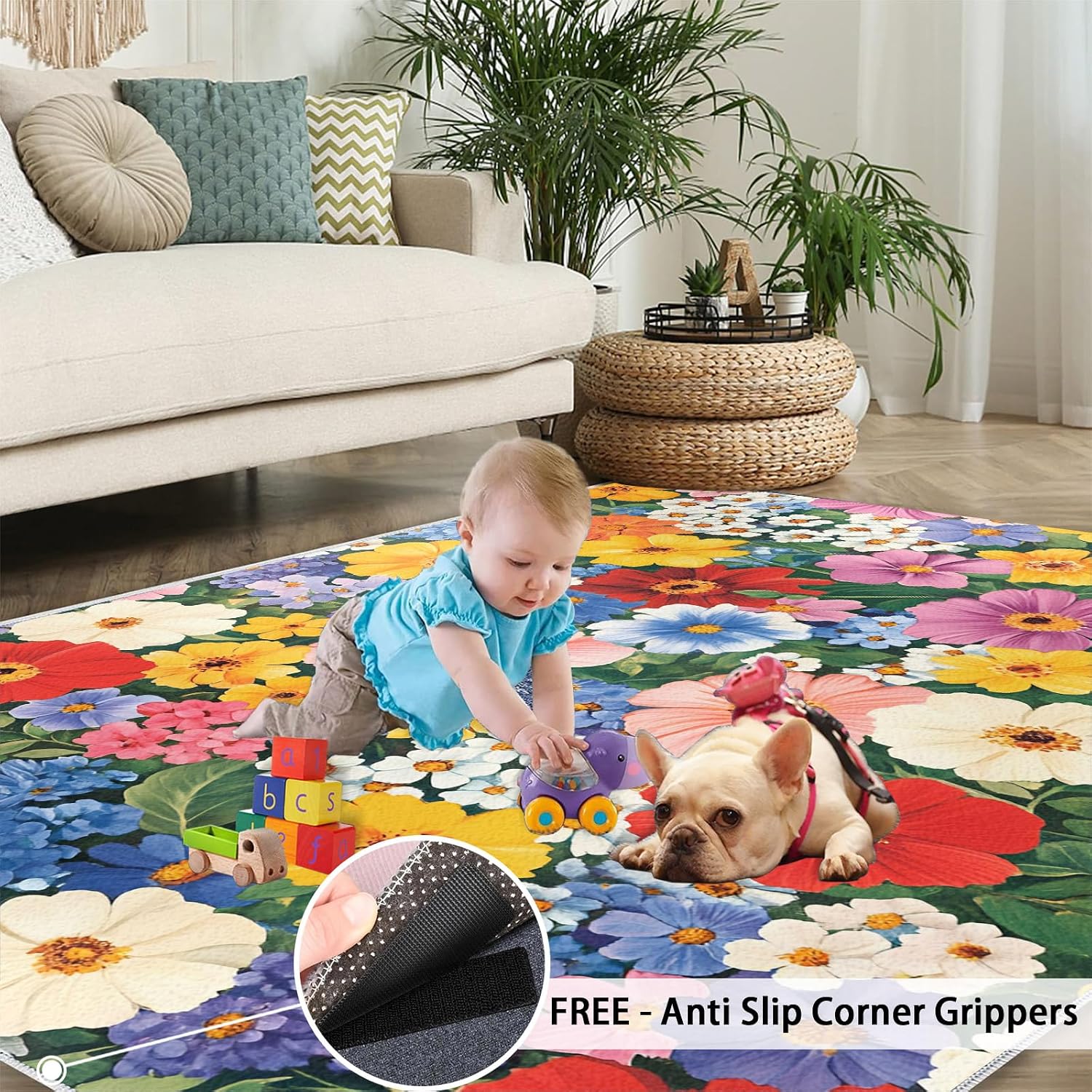 Colorful Florals Rug 6x8 - Dense Florals Large Rugs for Living Room, Vibrant Flowers Carpet Area Rug for Girls Bedroom Kids Room Basement Office Classroom