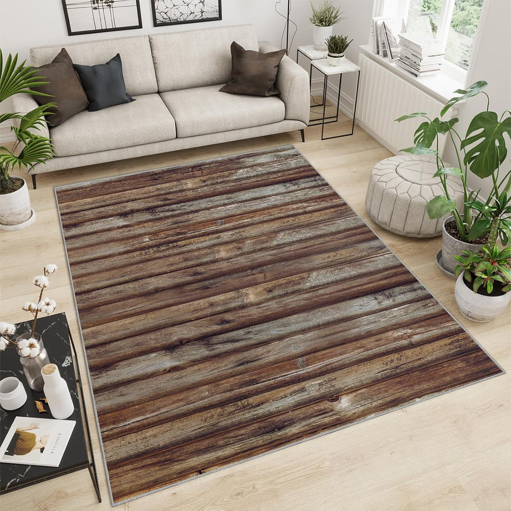 Brown Striped Wood Texture Area Rug, Modern Simple Rugs for Living Room, Easy Clean Carpet Washable Indoor Non-Slip Rug for Boys and Girls Nursery Bed Living Room Carpets Nursery Decor,6 x 8ft