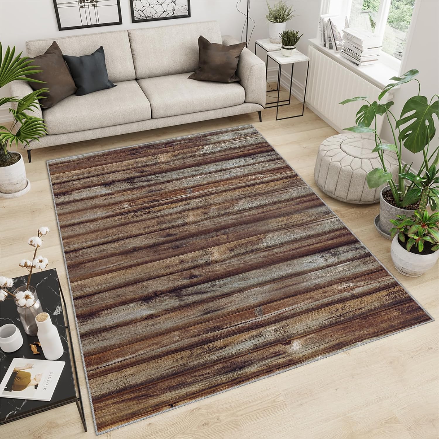 Brown Striped Wood Texture Area Rug, Modern Simple Rugs for Living Room, Easy Clean Carpet Washable Indoor Non-Slip Rug for Boys and Girls Nursery Bed Living Room Carpets Nursery Decor,6 x 8ft